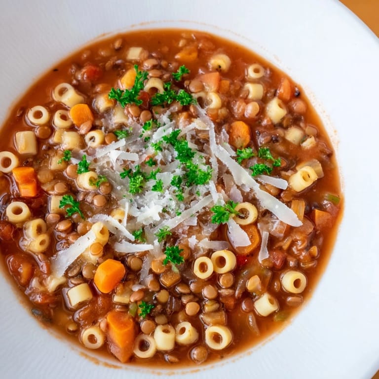 Close-up of bubbling ditalini and lentil soup, showcasing tender pasta and flavorful broth for dinner.
