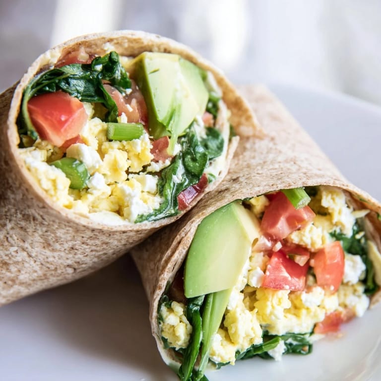 Freshly made Feta Egg Wrap, a Mediterranean breakfast with fluffy eggs and chopped vegetables.