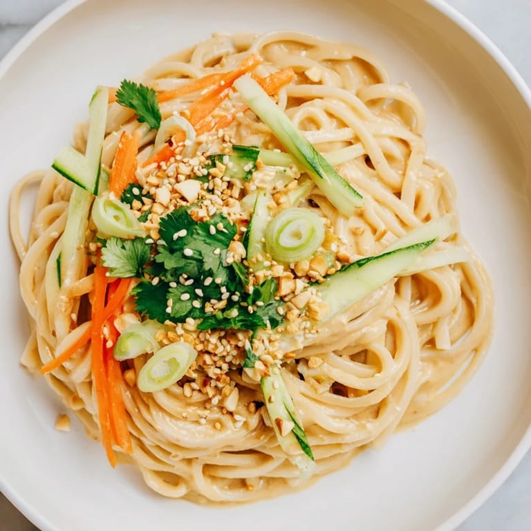 A vibrant bowl of cold sesame noodles, boasting glistening sauce and crunchy toppings.