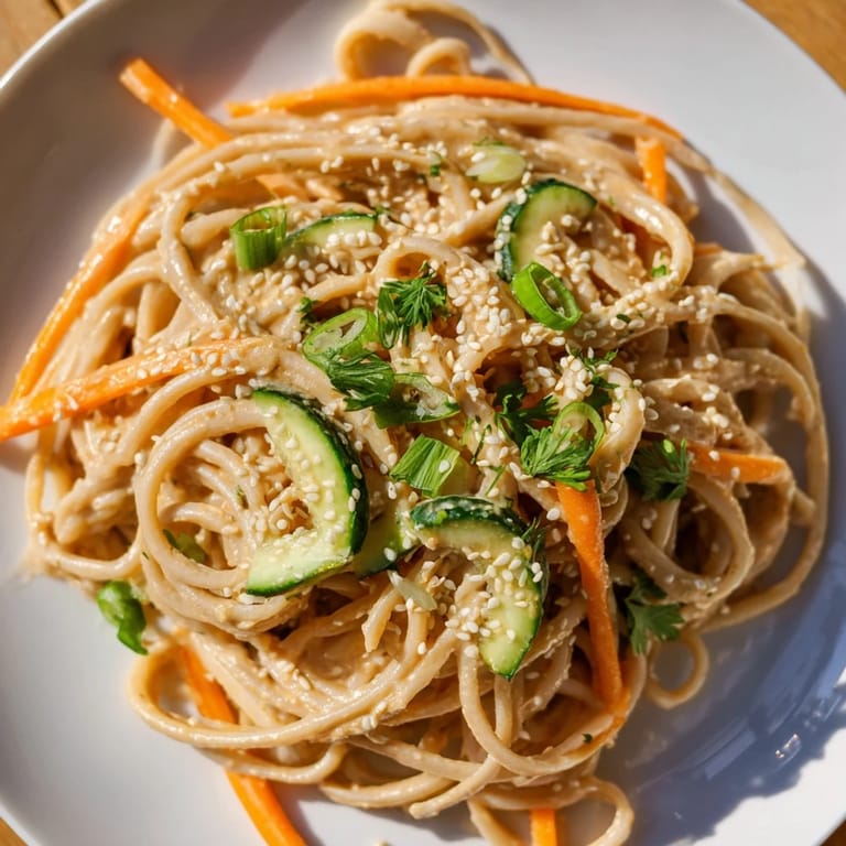 Enjoy a refreshing plate of cold sesame noodles, a flavorful Asian-inspired vegetarian dish.