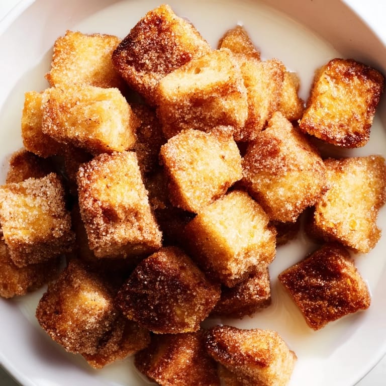 Warm, cinnamon-sugared French Toast Cereal, a breakfast dream with crispy, golden cubes ready to eat.