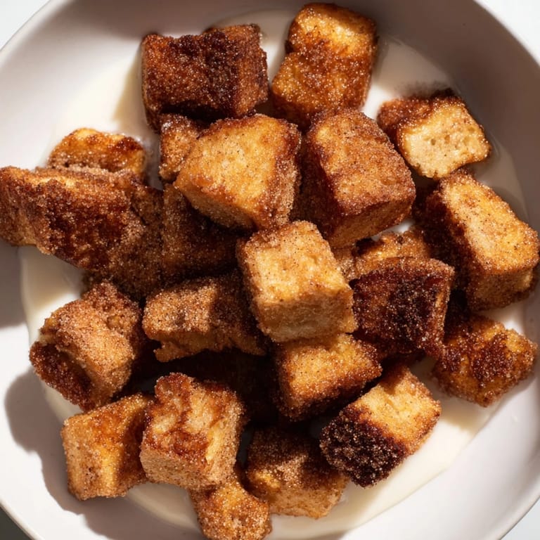 Delicious French Toast Cereal, tiny bread bites, golden and ready to be enjoyed with a drizzle of syrup.
