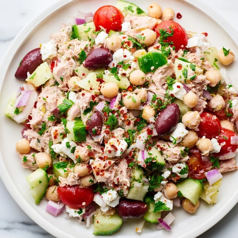 This vibrant Tuna Chickpea Salad features tender tuna and a zesty lemon dressing, ideal for a light lunch.