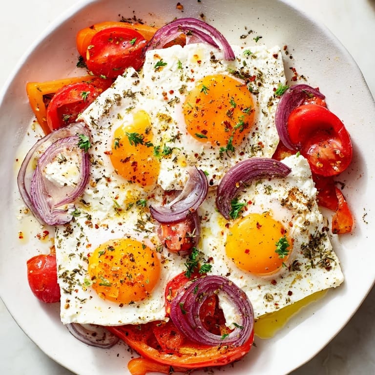 Golden-baked Mediterranean Feta & Eggs, served with parsley and ideal with crusty bread.