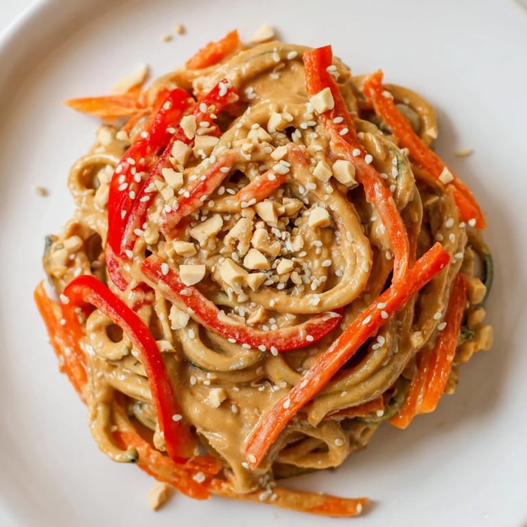 Spiralized zucchini noodles in a creamy peanut sauce: A delicious Zesty Peanut Zucchini Noodles recipe!