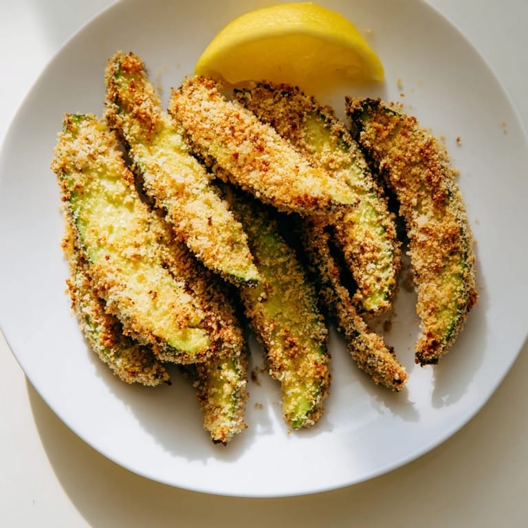 Golden Crispy Baked Avocado Fries alongside lemon wedges—a delicious vegetarian side dish option.