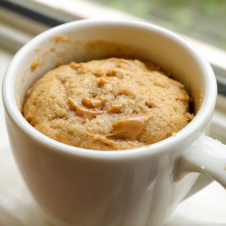 Steaming-hot 2-Minute Peanut Butter Mug Cake, a perfect, comforting treat from the microwave.