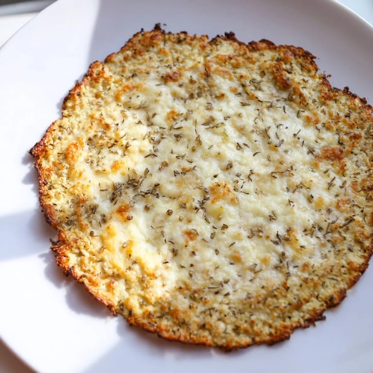 Homemade cauliflower pizza crust, a low-carb base, offering a healthy and flavorful pizza option.