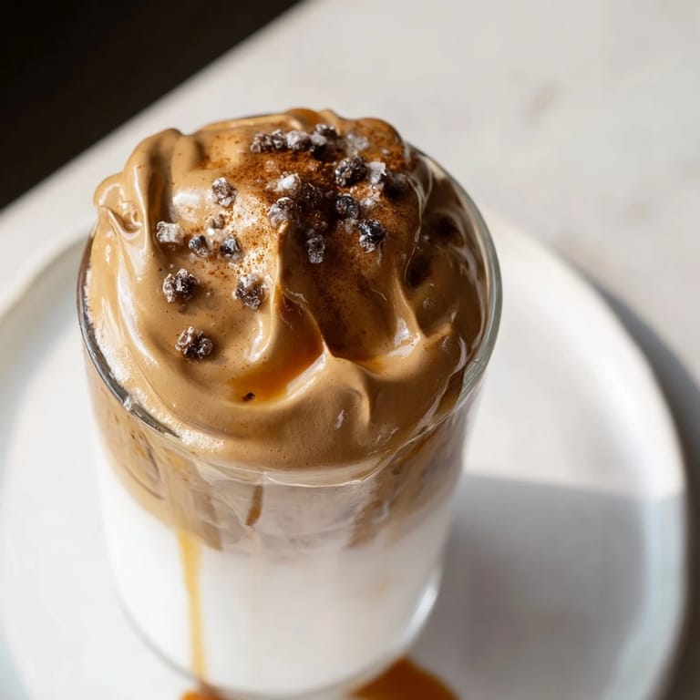 Creamy Brown Sugar Dalgona Latte: the fluffy whipped coffee floats above cool milk.