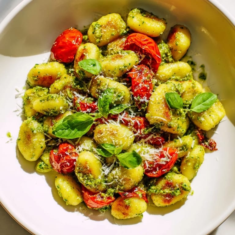 A close-up of Crispy Gnocchi with Pesto, showing the texture and fresh ingredients in this Italian meal.