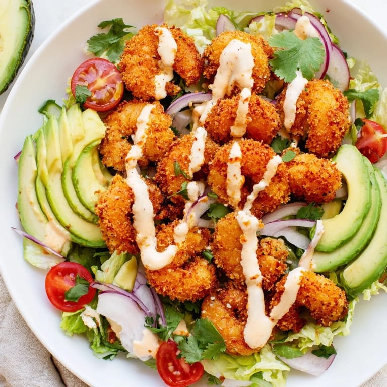 Close-up of a flavorful Spicy Crispy Shrimp Salad, featuring crispy fried shrimp and fresh green salad.