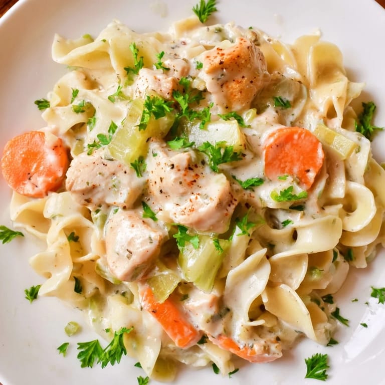 Golden egg noodles and chicken in a luscious sauce form this delicious Creamy Chicken and Egg Noodles meal.