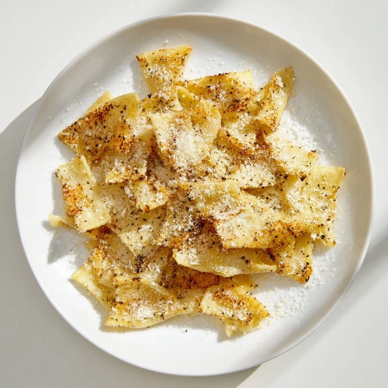 Air-fried pasta chips, tossed with Parmesan, offering a savory crunch and enticing aroma.