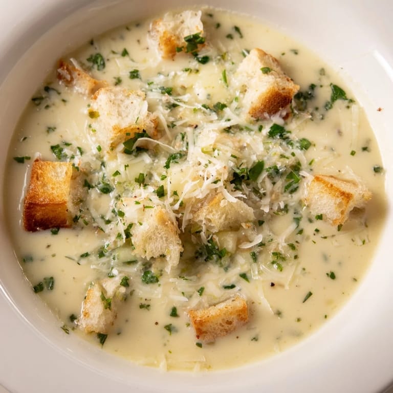 A creamy, decadent bowl of hot Creamy Garlic Bread Soup, garnished and ready to be enjoyed.