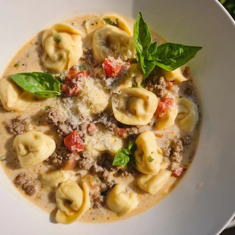 Rich, creamy tortellini beef soup with ground beef and cheese tortellini, ready to eat.
