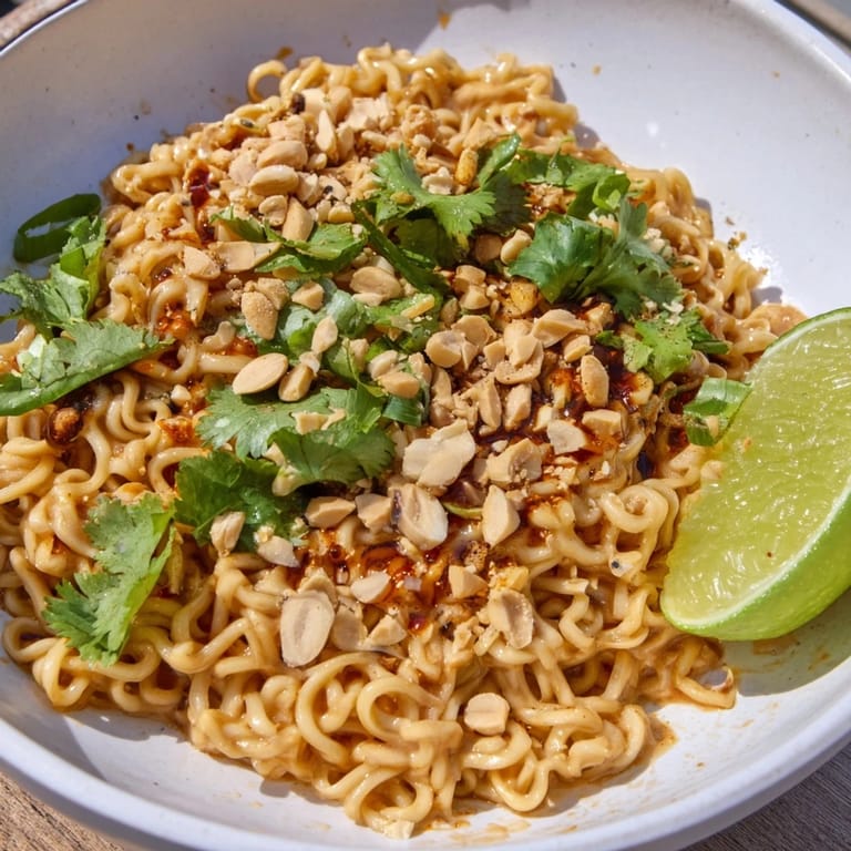 A close-up view of creamy Instant Peanut Thai Sauce Noodles, ready to eat with fresh toppings.
