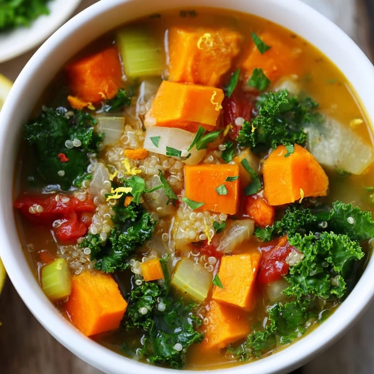 A steaming bowl of comforting Nourishing Winter Veggie Soup, perfect for a cold winter day.