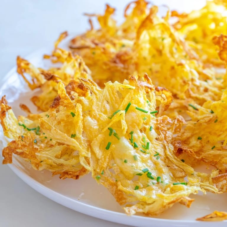 Close-up of air-fried Crispy Onion Cheese Chips showcasing melted cheddar and mozzarella with browned onions.