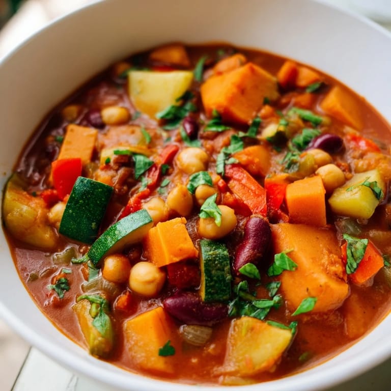 A bowl of this Hearty Vegan Sweet Potato Stew, ready to warm you up on a cold day, garnished with parsley.