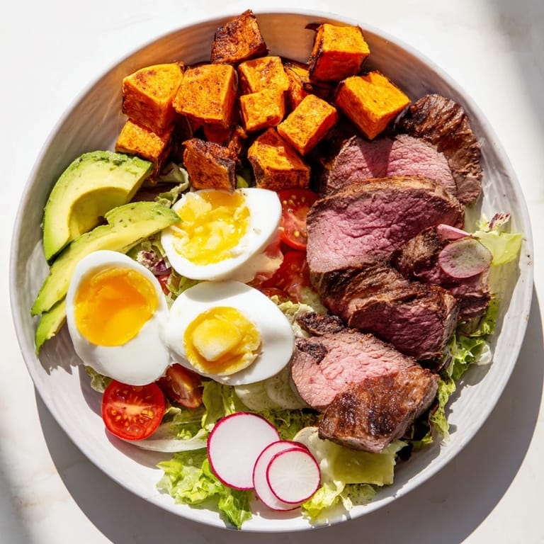 This vibrant High-Protein Beef Avocado Bowl features a colorful medley of fresh ingredients, fully composed.