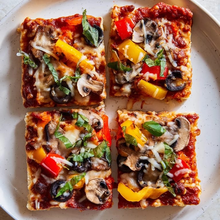 Close-up of crispy Rice Cake Pizza Squares featuring vibrant toppings; a quick and easy appetizer.