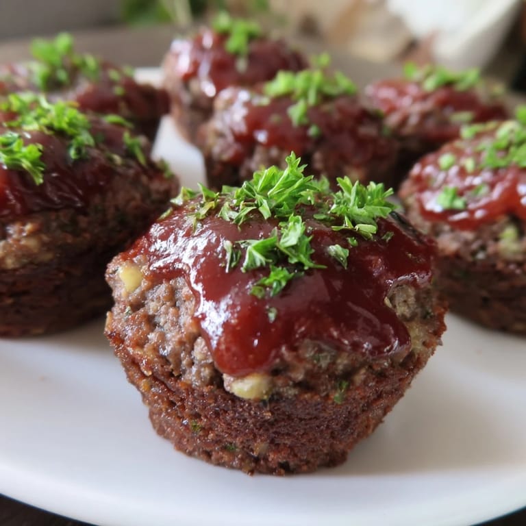 A close-up of golden-brown mini meatloaf bites, baked and ready to enjoy with a tangy sauce.