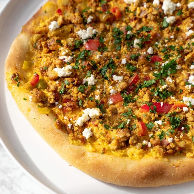 A delicious homemade Turkish Menemen Eggs Pizza, garnished with fresh parsley, perfect for brunch.