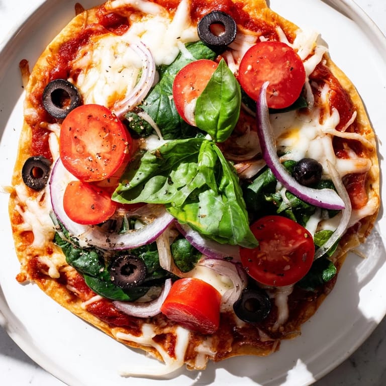 Ready-to-eat Crispy Tortilla Pizza, sliced and garnished, perfect for a quick and easy meal.