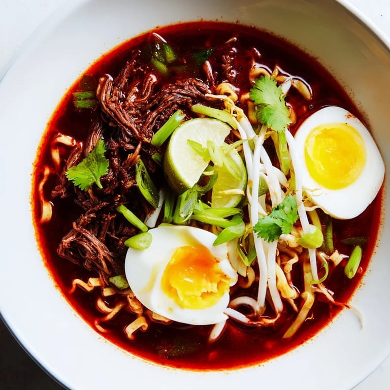 Warm, inviting bowl of Chaos Cooking Birria Ramen, ready with toppings and savory broth.