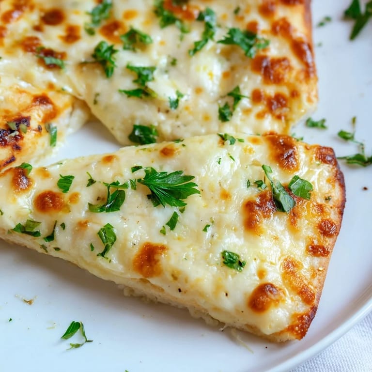 Ein hausgemaches Creamy Garlic White Pizza auf einem Pizzastein, goldbraun gebacken und frisch aus dem Ofen.