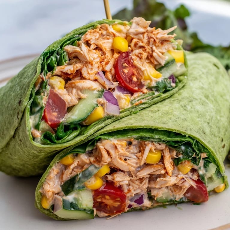 Aufgeklappter BBQ Chicken Salad Wrap mit zarter BBQ-Hähnchenfüllung, glänzenden Tomaten, Gurkenstücken und roter Zwiebel auf weicher Spinattortilla, serviert für ein schnelles Mittagessen.