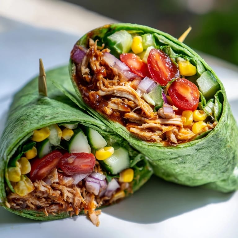 Geschnittener BBQ Chicken Salad Wrap in einer weißen Schale, neben knusprigem Gemüse, cremiger Joghurt-Dressing-Note und einem Streifen Spinattortilla für den perfekten Lunch.