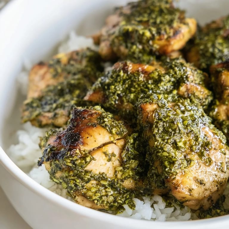 Ein cremiges Chicken Pesto Rice Bowl mit goldenem Hähnchen, würziger Kräutersauce und knackigen Tomatenstücken für den Frische-Kick.