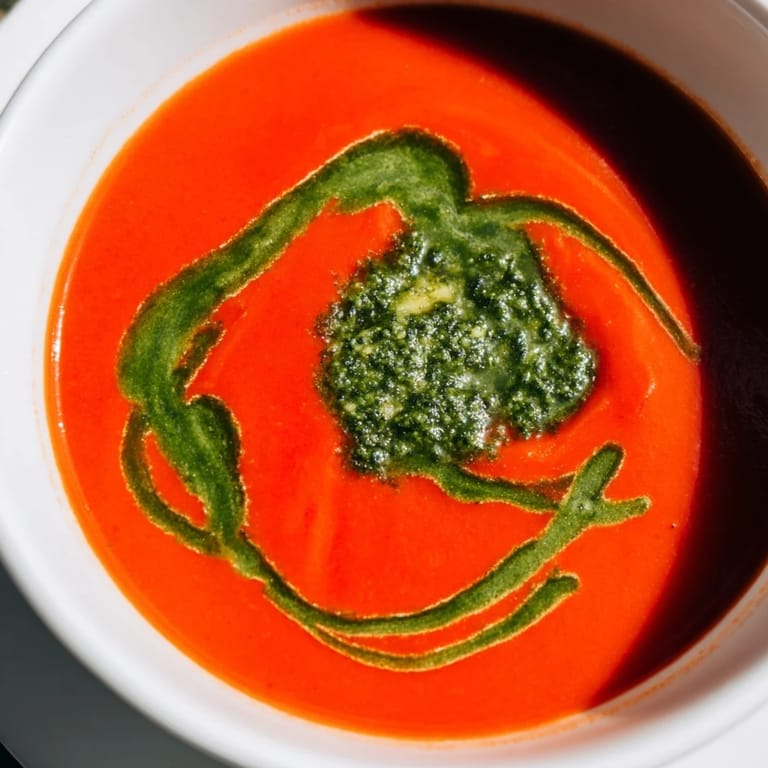Creamy Tomato Soup with Basil Pesto Swirl garnished with fresh basil and served with crusty bread.