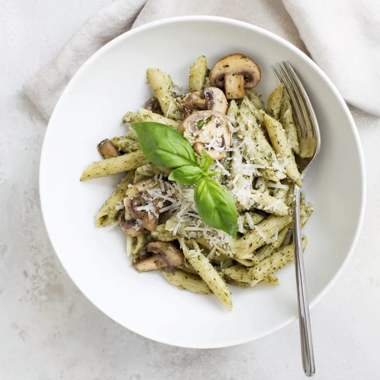 Geschmorte Pilze in der Mushroom Pesto Pasta füllen das Gericht mit erdigem Aroma und duftendem Knoblauch.