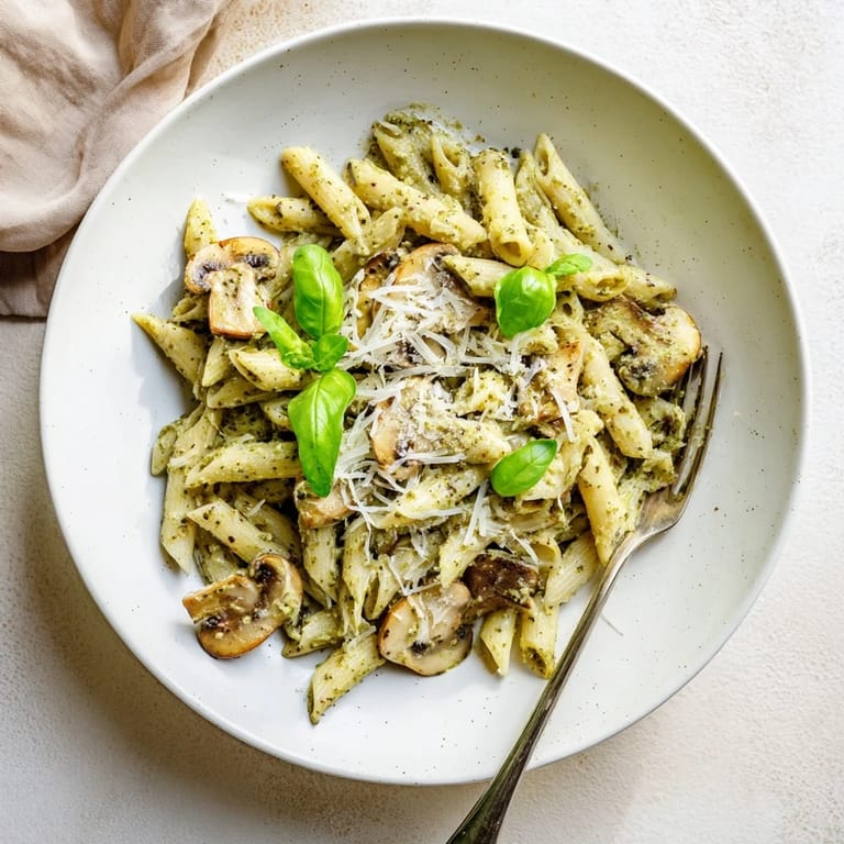 Ein Teller heißer Mushroom Pesto Pasta, reichhaltig garniert mit Basilikum und frisch geriebenem Parmesan, serviert auf Holz.