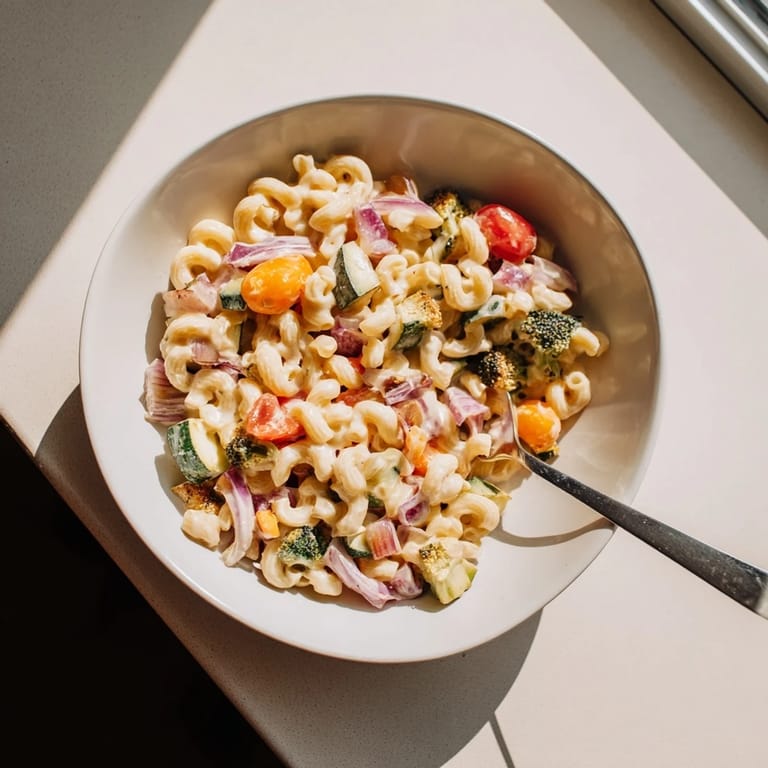 Gefüllte Schale aus Roasted Veggie Mac & Cheese mit cremiger Sauce und knusprigem Gemüse.