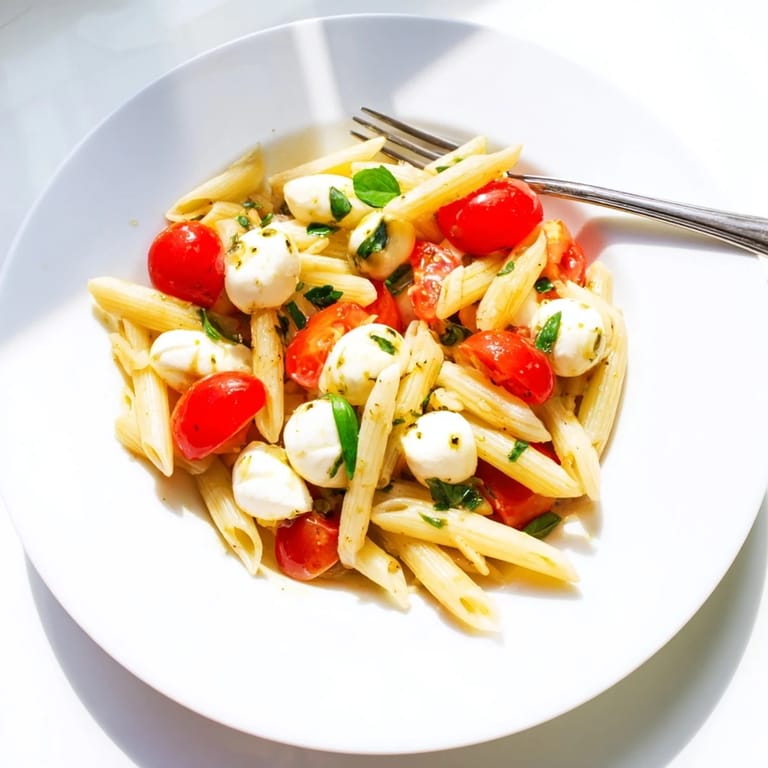 In einer Nahaufnahme zeigt sich die Caprese Salad Pasta mit dem zarten Schmelz der Mozzarella und einem Spritzer Olivenöl.  
