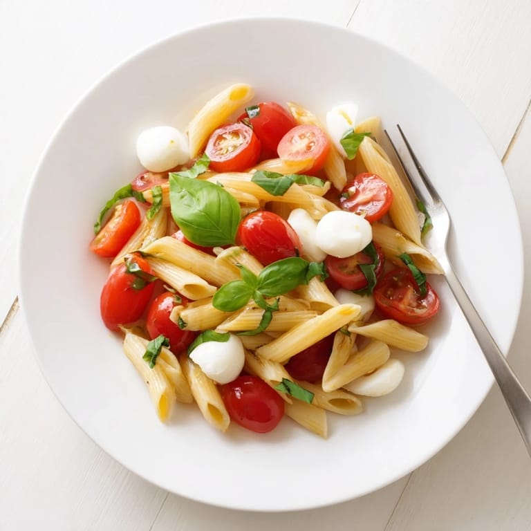 Die Caprese Salad Pasta leuchtet in Farben des Sommers mit Basilikum und einem Hauch Balsamico-Glasur für den perfekten Abschluss.
