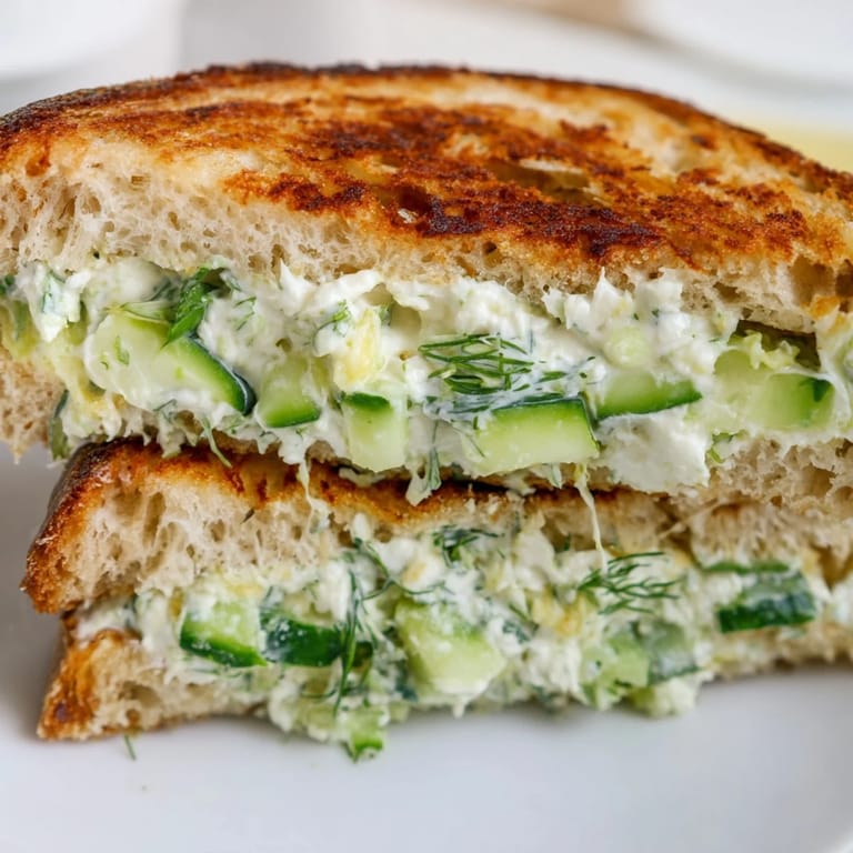 Whipped Feta Spring Grilled Cheese slice on a plate with fresh dill, lemon wedges, and baby spinach, perfect for a bright spring lunch.