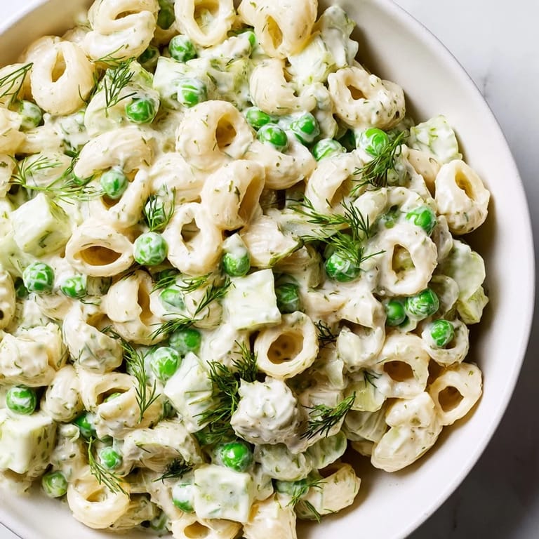 This vibrant Creamy Dill Pickle Pasta Salad is served chilled in a white bowl, perfect for a summer picnic.