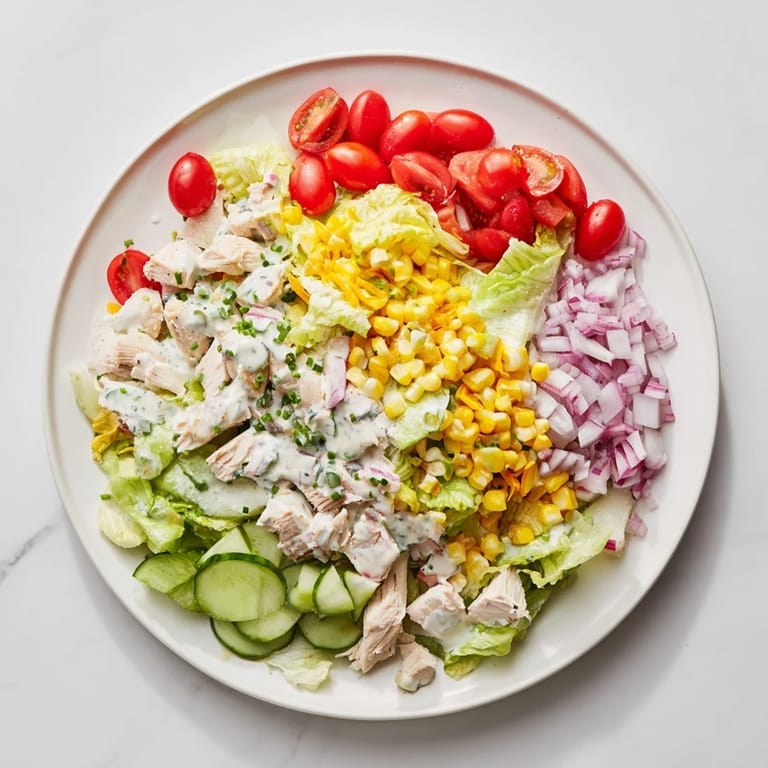 Ein farbenfrohes Ranch Chicken Chopped Salad mit saftigem Hähnchen, Mais, Käse und Yogurt-Dressing.  