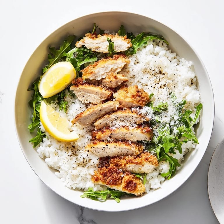 Sahnig panierte Crispy Parmesan Chicken Cutlet Bowl mit zartem Hühnchen, Reis, Rucola und spritziger Zitronennote für den US-Supper-Tisch.