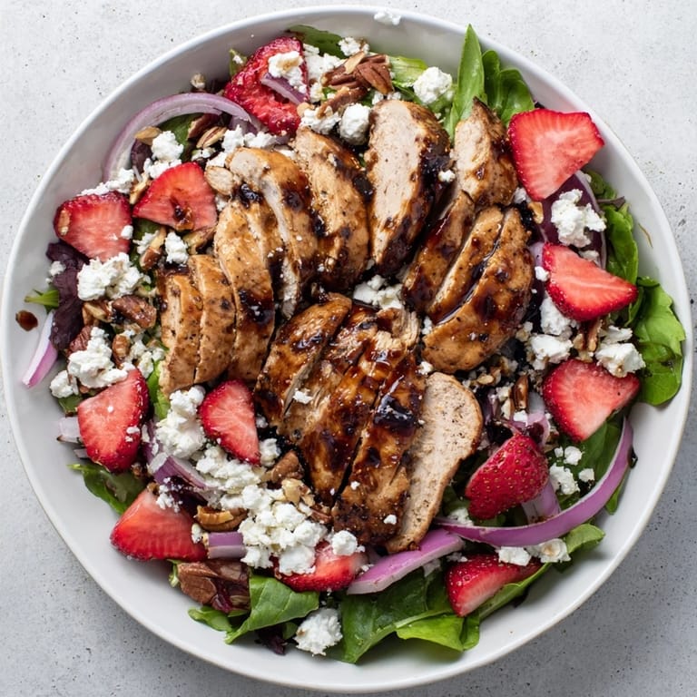 Frisches Strawberry Balsamic Chicken Salad für den Grillabend: Hähnchen, Erdbeeren und rote Zwiebeln auf buntem Salat.