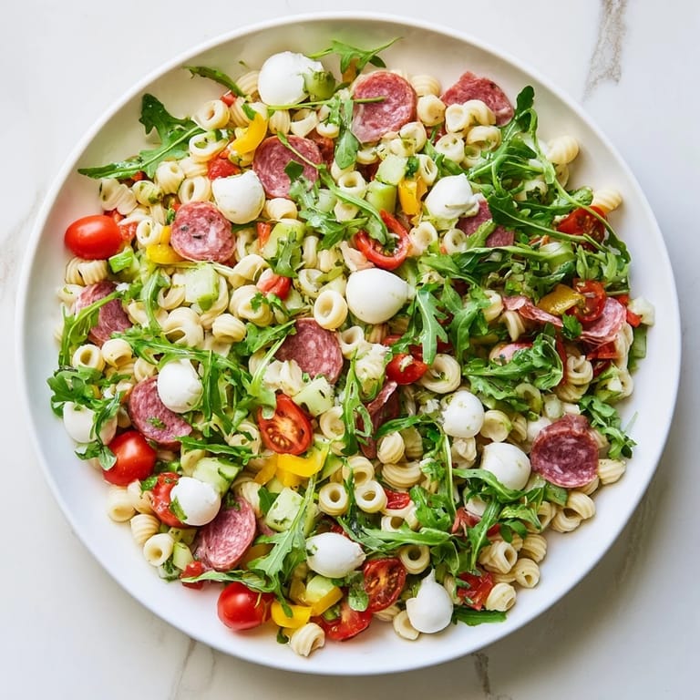Saftiger Spring Antipasto Pasta Salad mit glänzenden Cherrytomaten und würzigen Salamistreifen auf Holz.