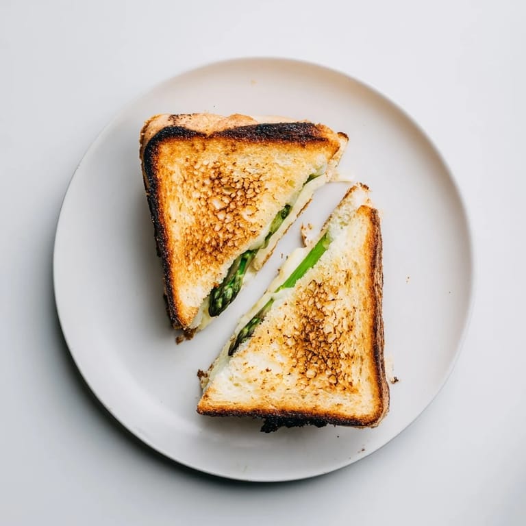 Goldbraun getoastetes Sandwich mit weicher Brie und zartem Spargel, ideal für ein schnelles vegetarisches Abendessen.