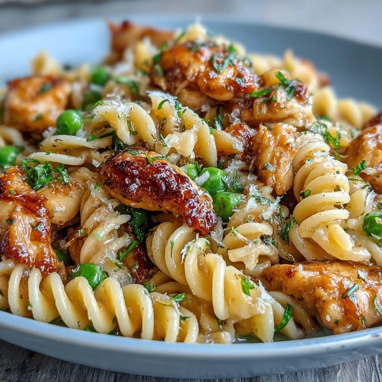 Close-up of creamy Garlic Butter Chicken & Pea Pasta, featuring juicy chicken, tender peas and a glossy, buttery sauce for a quick weeknight meal.