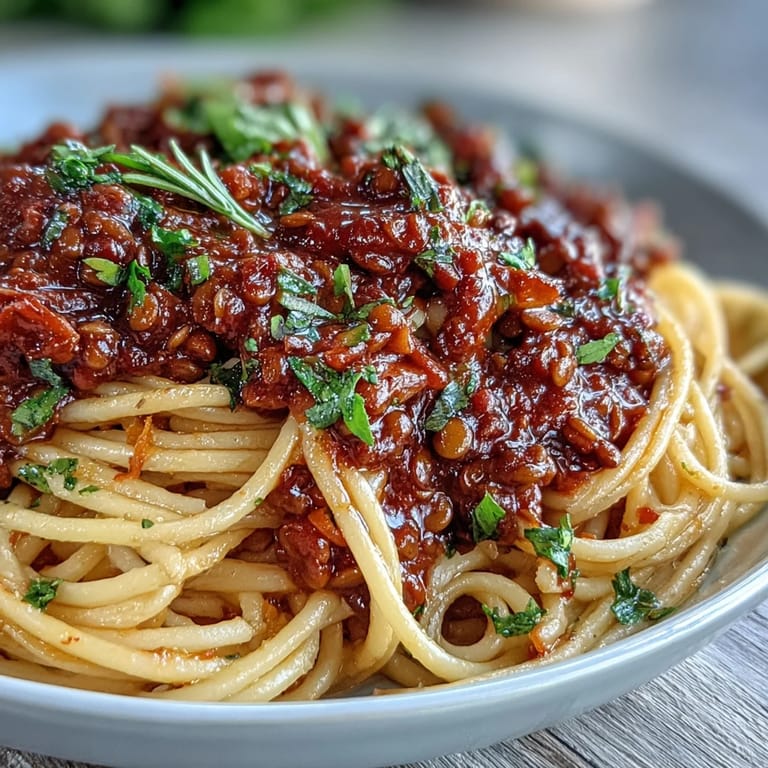 Hearty Lentil Bolognese simmered with tomatoes and herbs, ready to be tossed with al dente pasta.