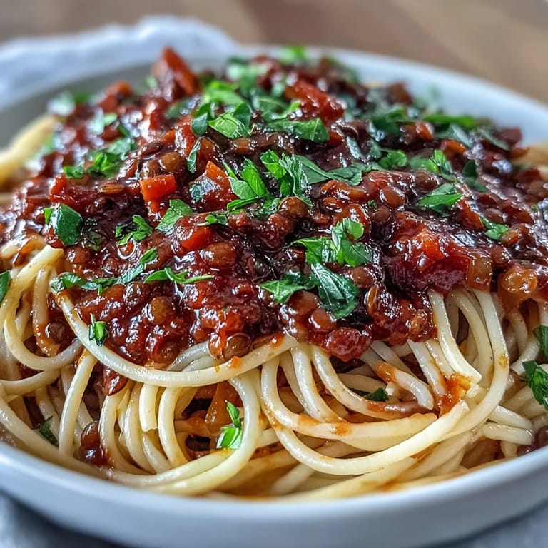 Colorful Lentil Bolognese in a white bowl, featuring tender lentils and vegetables on a bed of spaghetti.