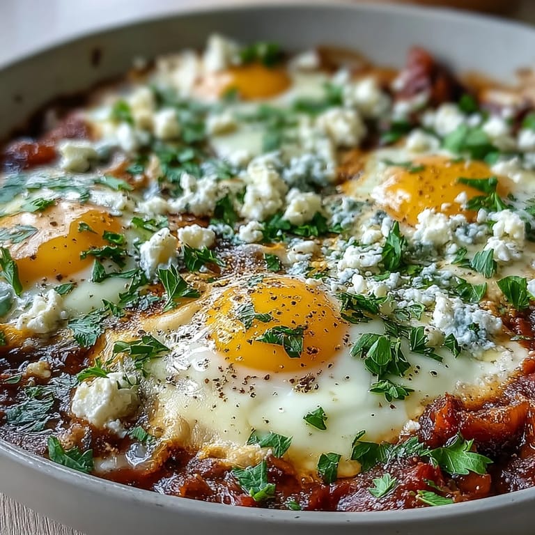 A hearty skillet of Shakshuka with runny yolks, fresh herbs, and crumbled feta for a vibrant breakfast.